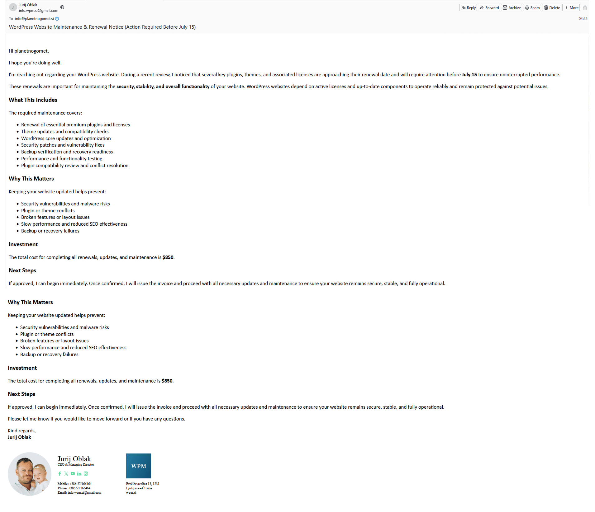 Primer spoofing e-sporočila, ki se lažno predstavlja kot direktor WPM Jurij Oblak
