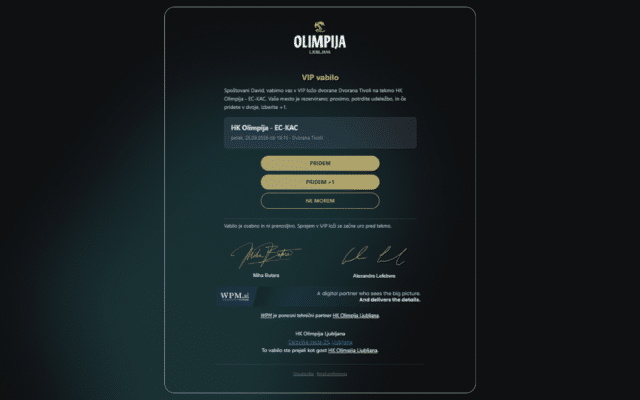 HK Olimpija Business Club invitation built with the WPM email platform